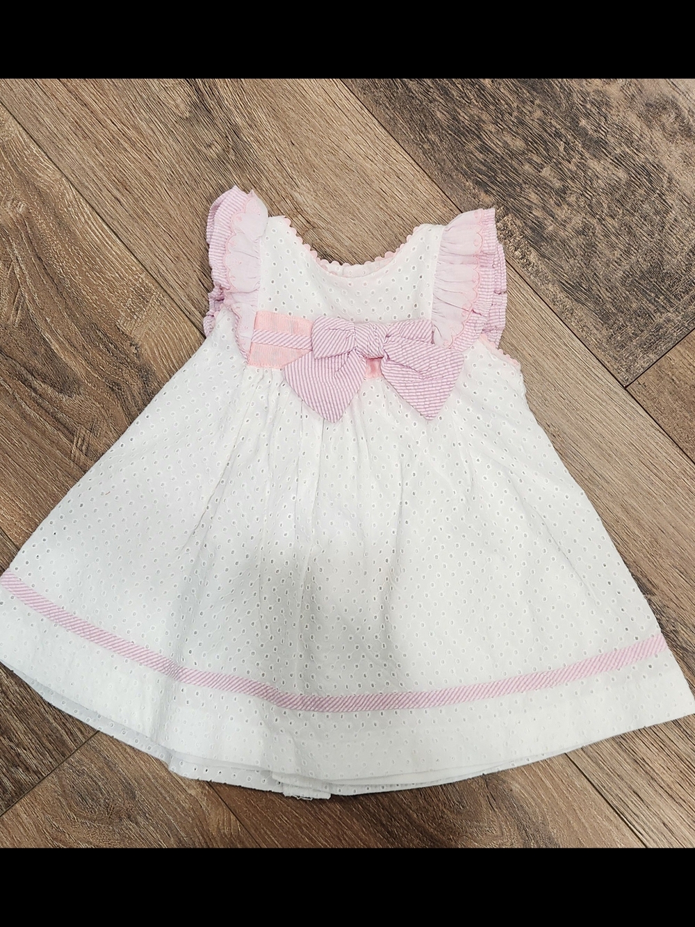 Girls' White Eyelet Dress with Pink Bow Trim